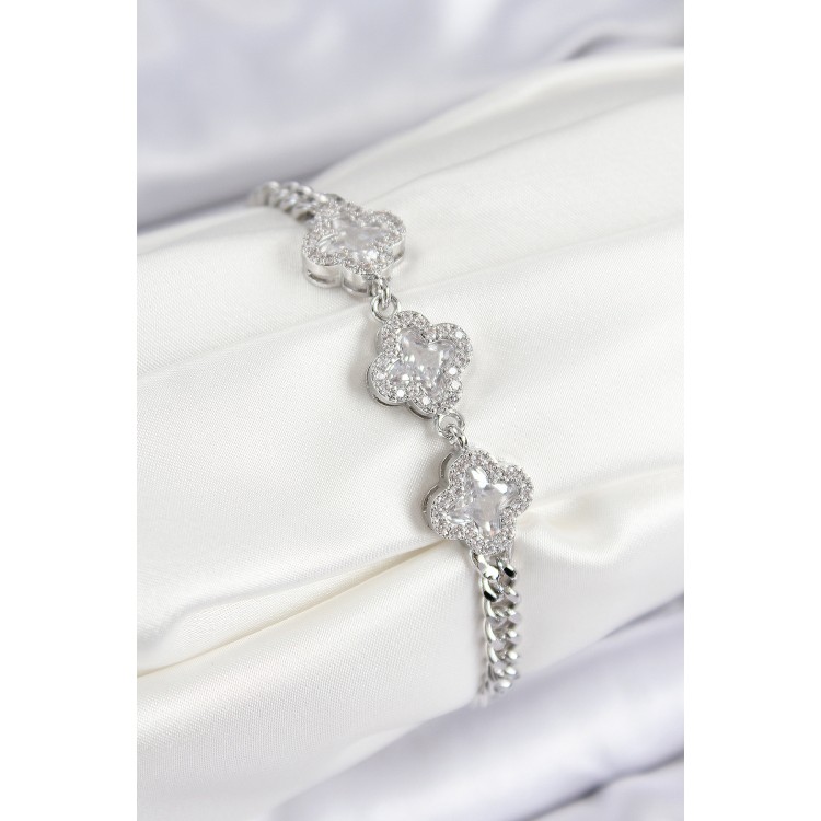 Pirinç Zirkon Taşlı Yonca Model Gümüş Renk Kadın Bileklik - TJ-BB7546