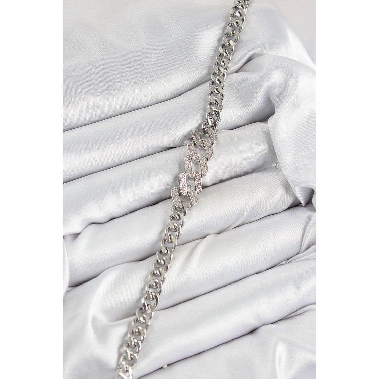 Pirinç Zirkon Taşlı Ezme Küba Zincir Model Gümüş Renk Kadın Bileklik - TJ-BB7550