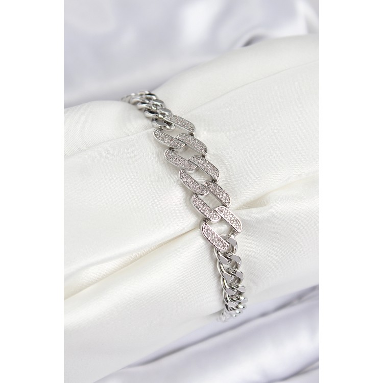 Pirinç Zirkon Taşlı Ezme Küba Zincir Model Gümüş Renk Kadın Bileklik - TJ-BB7550