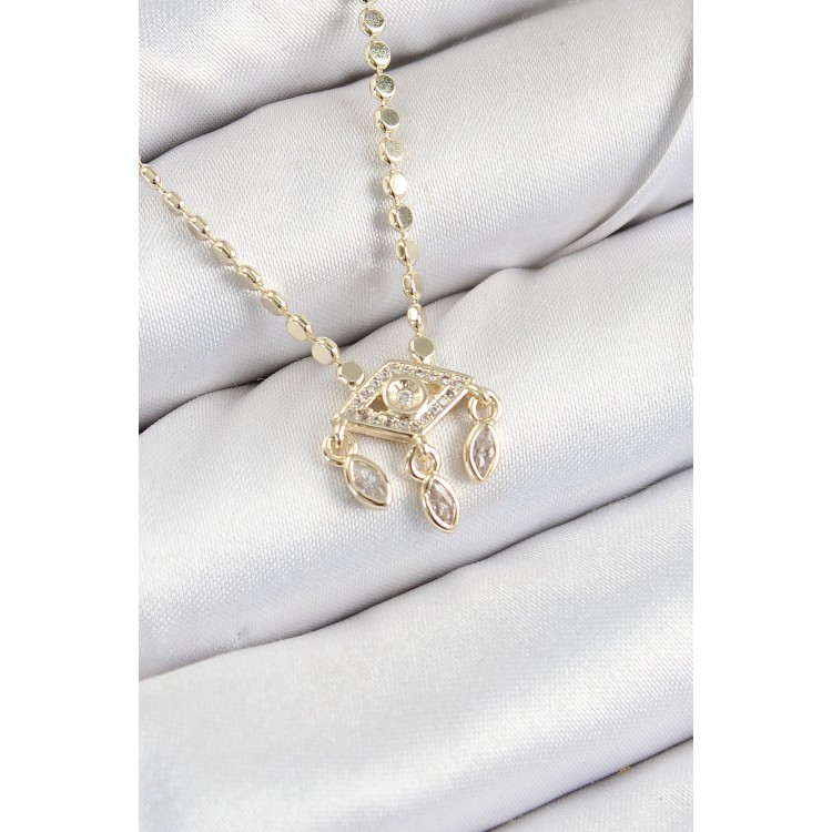 Pirinç Zirkon Taşlı Sallantılı Göz Model Ezme Zincir Gold Renk Kadın Kolye - TJ-BKO10389