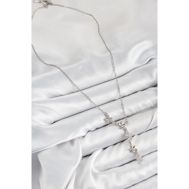 316L Çelik Zirkon Taşlı Çiçek Model Gümüş Renk Kadın Kolye - TJ-BKO10406