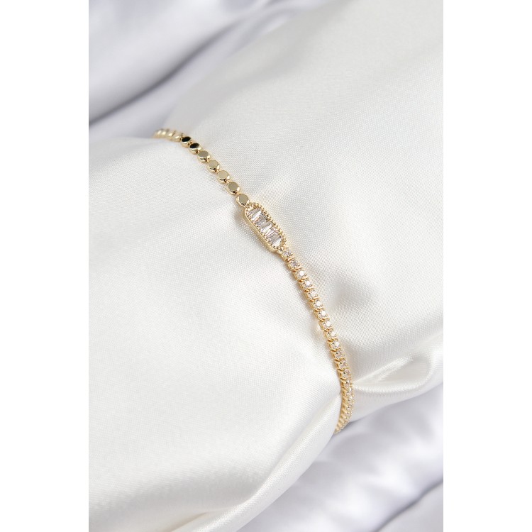 Pirinç Zirkon Taşlı Dikdörtgen Model Ezme Zincir Gold Renk Kadın Bileklik - TJ-BB7593