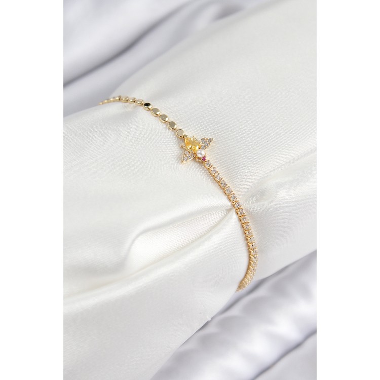 Pirinç Zirkon Taşlı Arı Model Ezme Zincir Gold Renk Kadın Bileklik - TJ-BB7595