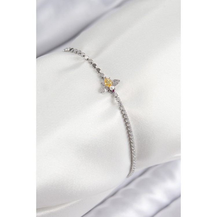 Pirinç Zirkon Taşlı Arı Model Ezme Zincir Gümüş Renk Kadın Bileklik - TJ-BB7596