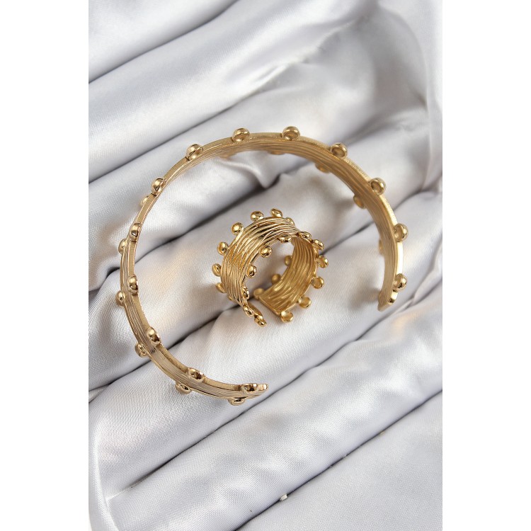 Pirinç Topcuk Model Gold Renk Bileklik Yüzük Set - TJ-BB7602