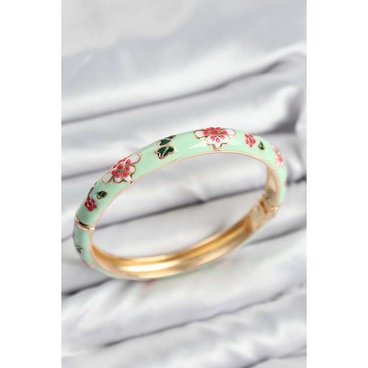 Mineli Pirinç Su Yeşili Çiçek Motifli Gold Kadın Kelepçe - TJ-BB7621