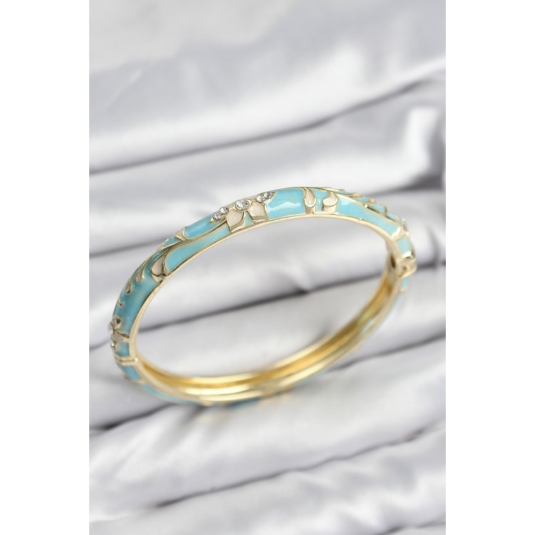 Mineli Pirinç Zirkon Taşlı Turkuaz Çiçek Motifli Gold Kadın Kelepçe - TJ-BB7629