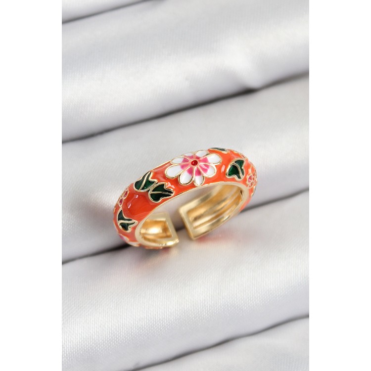 Gold-Tone Adjustable Women's Ring with Orange Enamel Flower Motif - TJ-BYK3804