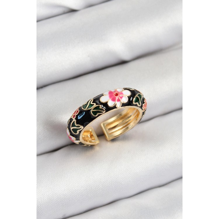 Black Enamel Flower Motif Gold Color Adjustable Women's Ring - TJ-BYK3805