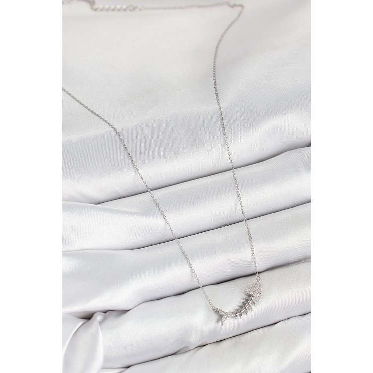 Pirinç Zirkon Taşlı Balık Kılçığı Model Gümüş Renk Kadın Kolye - TJ-BKO10413