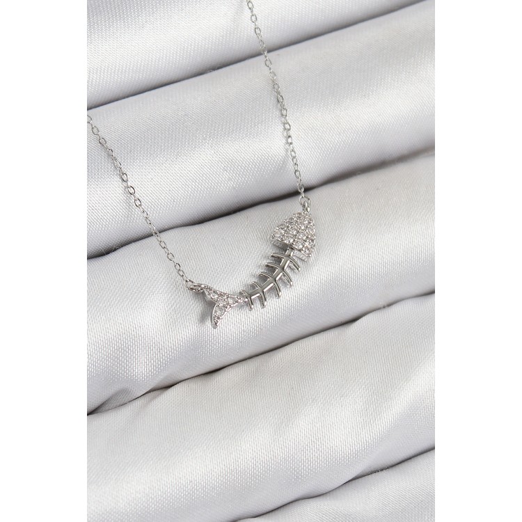 Pirinç Zirkon Taşlı Balık Kılçığı Model Gümüş Renk Kadın Kolye - TJ-BKO10413