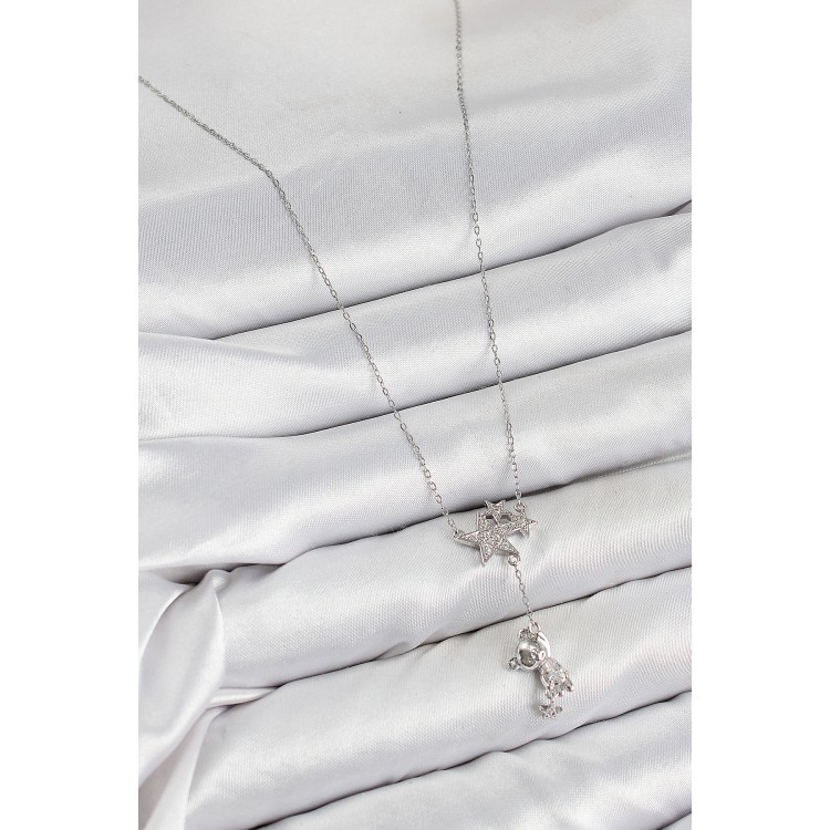 Pirinç Zirkon Taşlı Sallantılı Ayıcıklı Yıldız Model Gümüş Renk Kadın Kolye - TJ-BKO10419