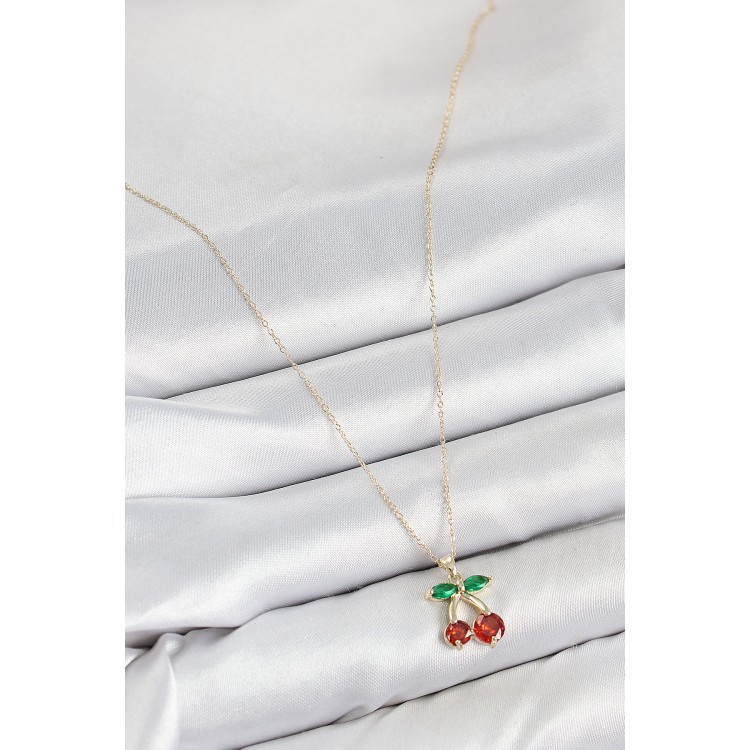 Pirinç Zirkon Taşlı Kiraz Model Gold Renk Kadın Kolye - TJ-BKO10420