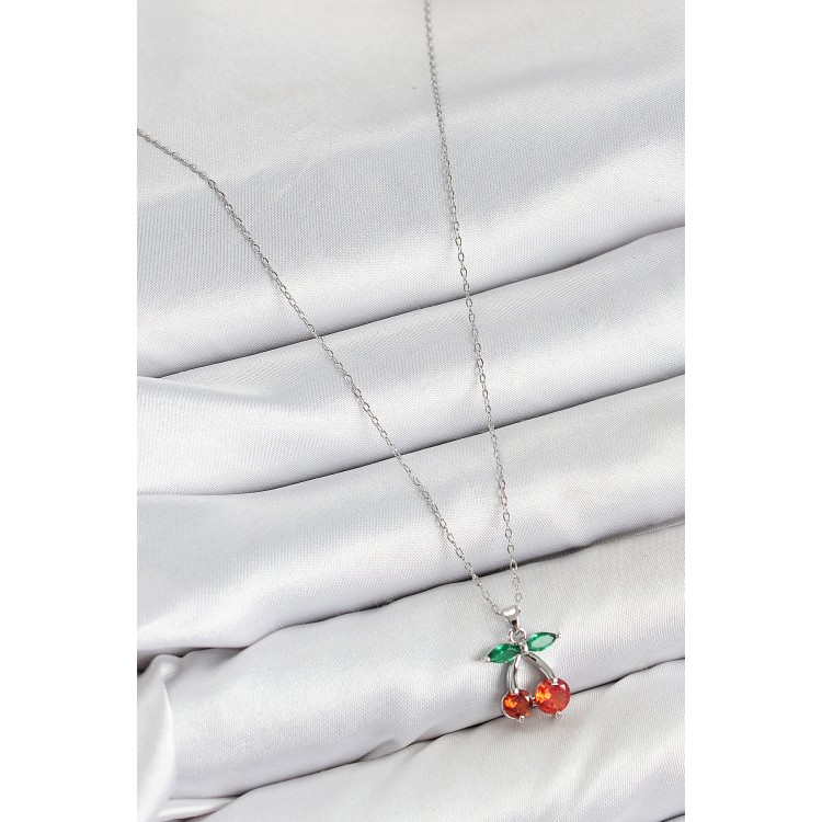 Pirinç Zirkon Taşlı Kiraz Model Gümüş Renk Kadın Kolye - TJ-BKO10421