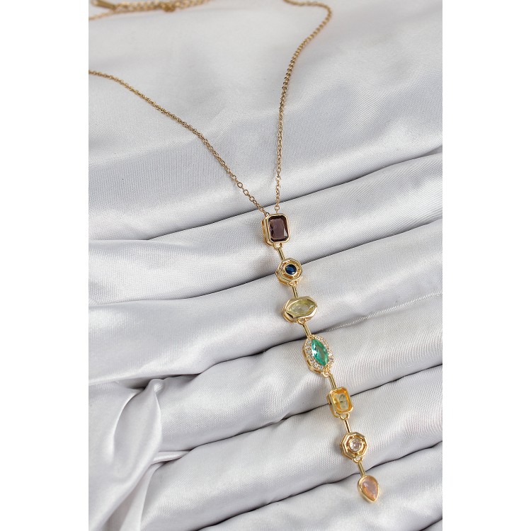 Pirinç Renkli Zirkon Taşlı Model Gold Renk Kadın Y Kolye - TJ-BKO10439