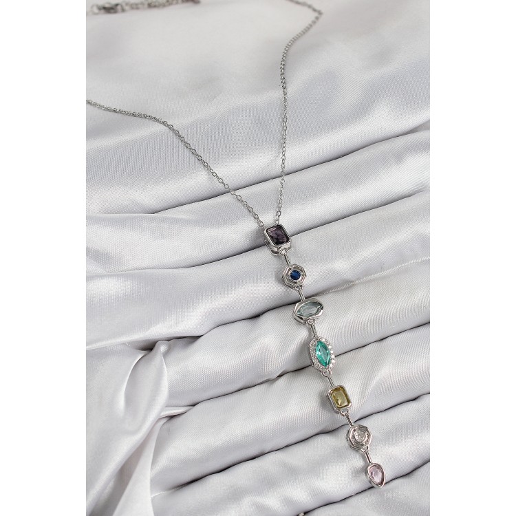 Pirinç Renkli Zirkon Taşlı Model Gümüş Renk Kadın Y Kolye - TJ-BKO10440