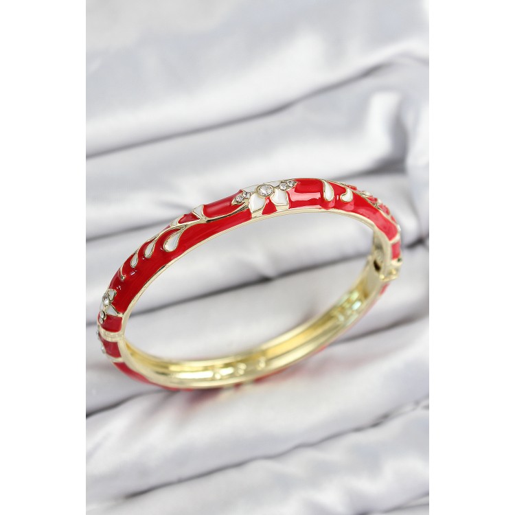 Gold Women's Bracelet with Red Flower Motif, Zircon Stones, and Mineli Brass - TJ-BB7640