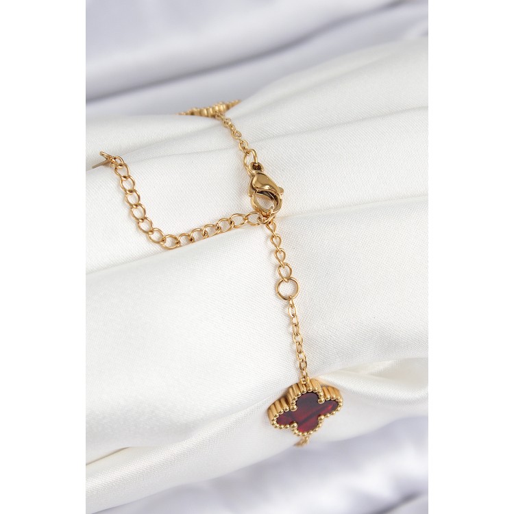 316L Çelik Sedefli Kırmızı Gold Renk Yonca Kadın Bileklik - TJ-BB7666