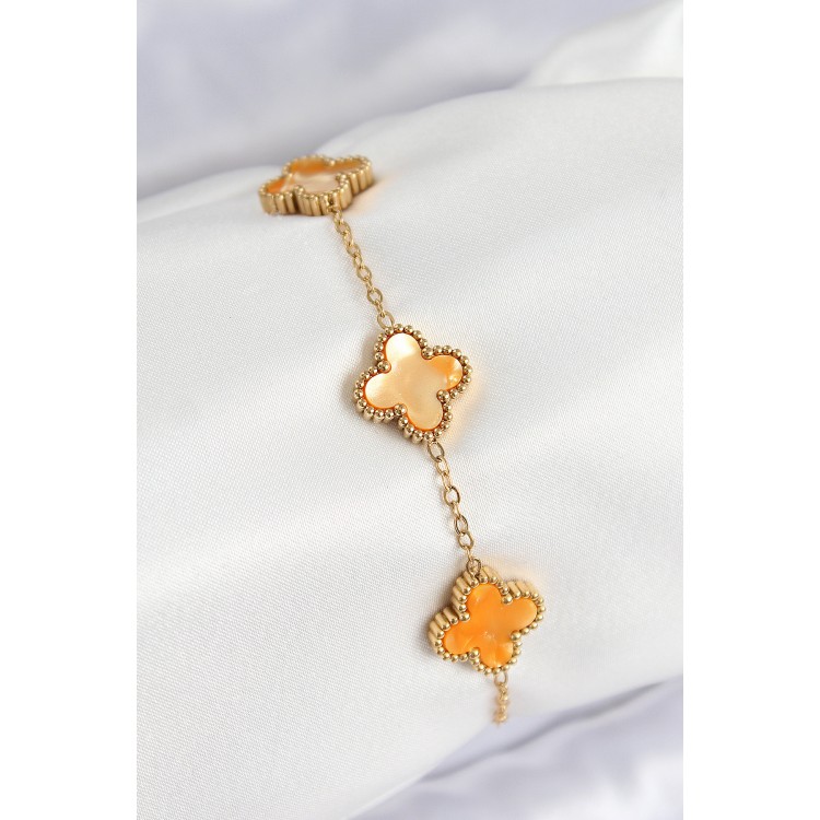 316L Stainless Steel Mother-of-Pearl Orange Gold Color Clover Women's Bracelet - TJ-BB7668