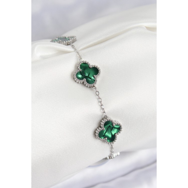 316L Steel Mother-of-Pearl Emerald Green Silver Color Clover Women's Bracelet - TJ-BB7672