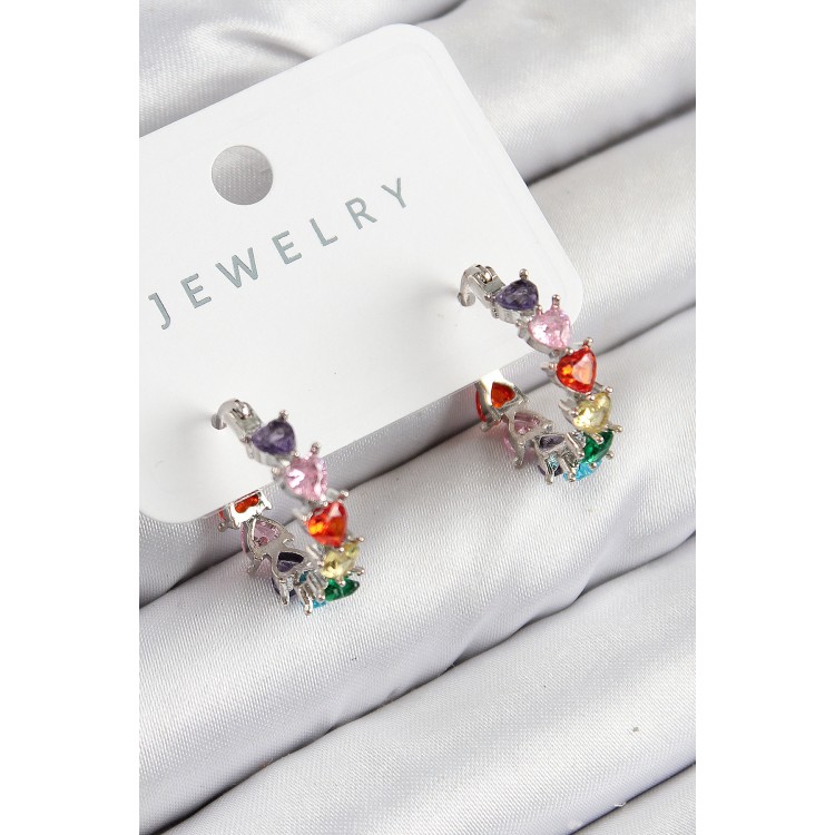 Pirinç Zirkon Taşlı Kalp Model Gümüş Renk Kadın Küpe - TJ-BKP11080