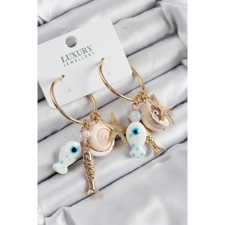 Brass Dangle Ceramic Fish And Sea Shell Model Gold Color Women's Earrings - TJ-BKP11081