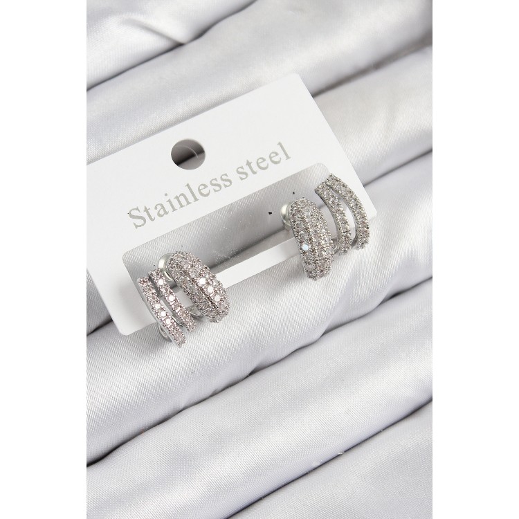 Pirinç Zirkon Taşlı Kıvrımlı Model Gümüş Renk Kadın Küpe - TJ-BKP11092