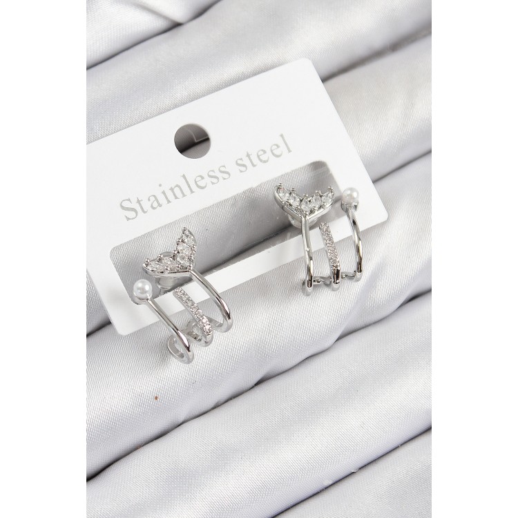 Pirinç Zirkon Taşlı İnci Detaylı Balık Kuyruğu Model Gümüş Renk Kadın Küpe - TJ-BKP11094