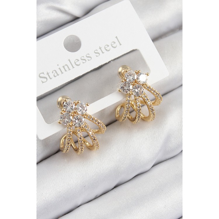 Pirinç Zirkon Taşlı Model Gold Renk Kadın Küpe - TJ-BKP11106