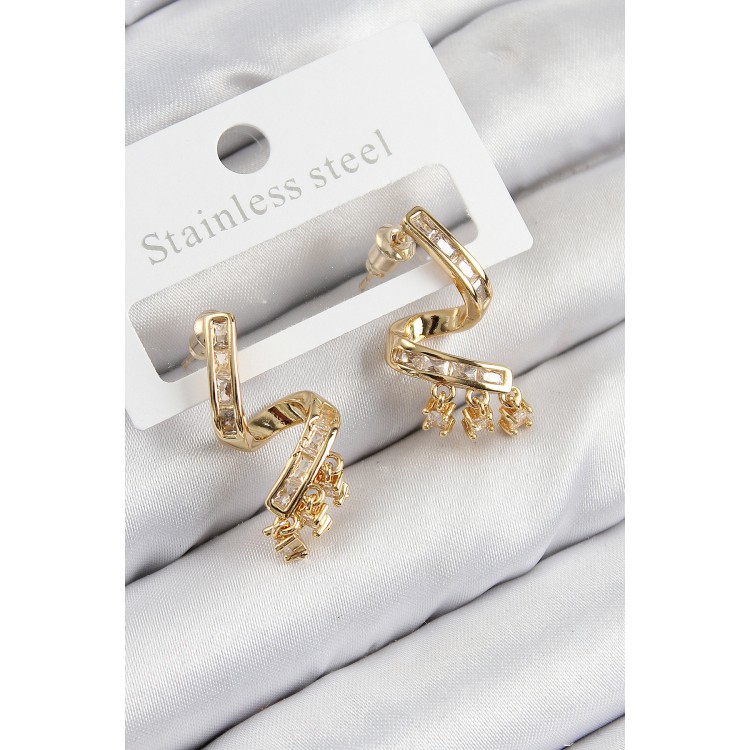 Pirinç Zirkon Taşlı Kıvrımlı Model Gold Renk Kadın Küpe - TJ-BKP11112