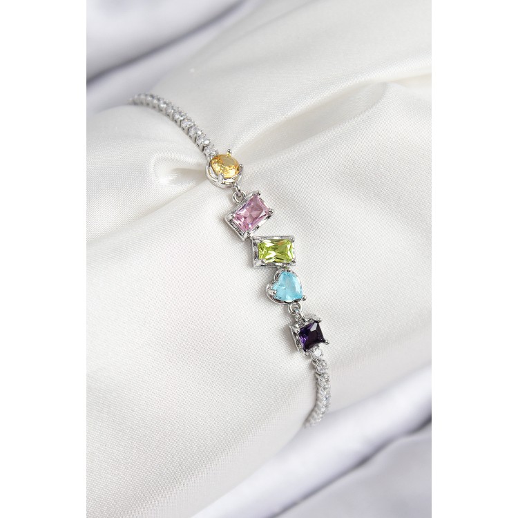 Pirinç Renkli Zirkon Taşlı Geometrik Model Gümüş Renk Kadın Bileklik - TJ-BB7688