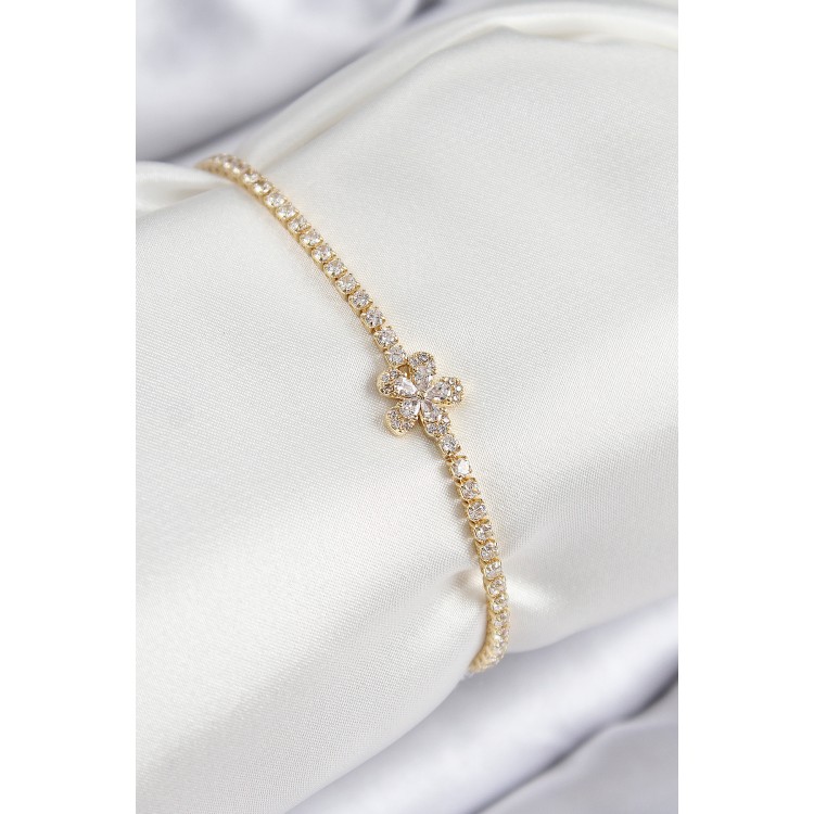 Pirinç Zirkon Taşlı Çiçek Model Gold Renk Kadın Bileklik - TJ-BB7709