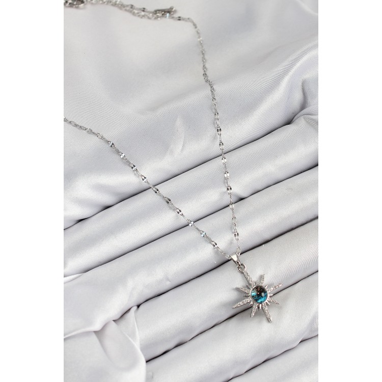 316L Çelik Zirkon Taşlı Kutup Yıldızı Model Gümüş Renk Kadın Kolye - TJ-BKO10443