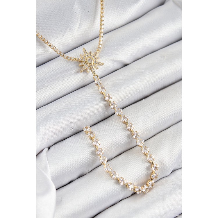 Pirinç Zirkon Taşlı Kutup Yıldızı Model Gümüş Renk Y Kolye - TJ-BKO10448