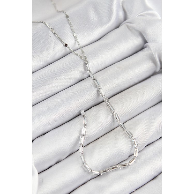 Pirinç Zirkon Taşlı Model Gümüş Renk Y Kolye - TJ-BKO10451