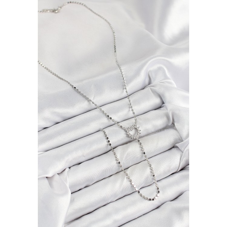 Pirinç Zirkon Taşlı Ezme Zincirli Kalp Model Gümüş Renk Y Kolye - TJ-BKO10460