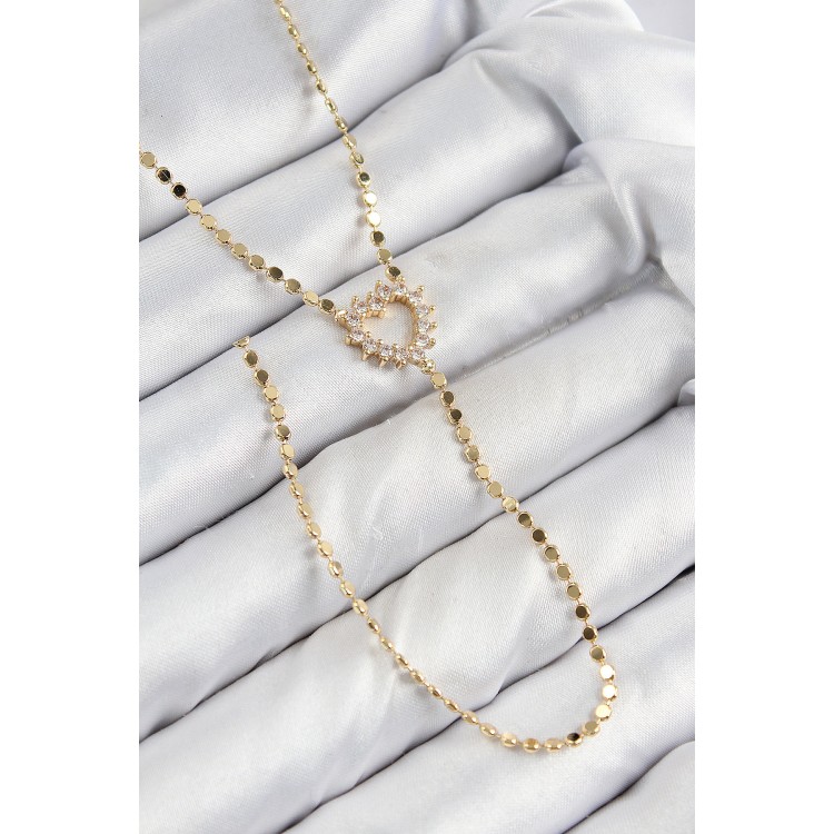 Pirinç Zirkon Taşlı Ezme Zincirli Kalp Model Gold Renk Y Kolye - TJ-BKO10461