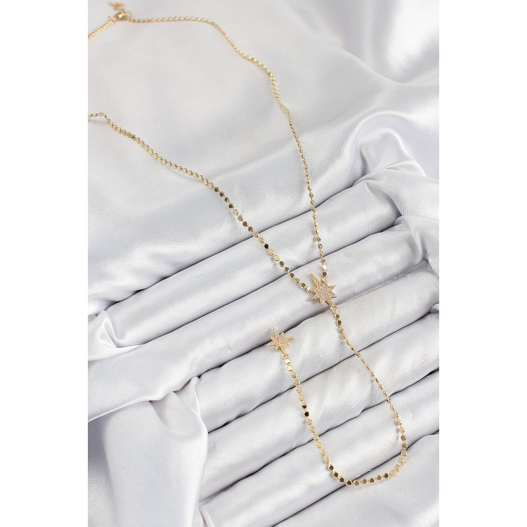 Pirinç Zirkon Taşlı Ezme Zincirli Kutup Yıldızı Model Gold Renk Y Kolye - TJ-BKO10463