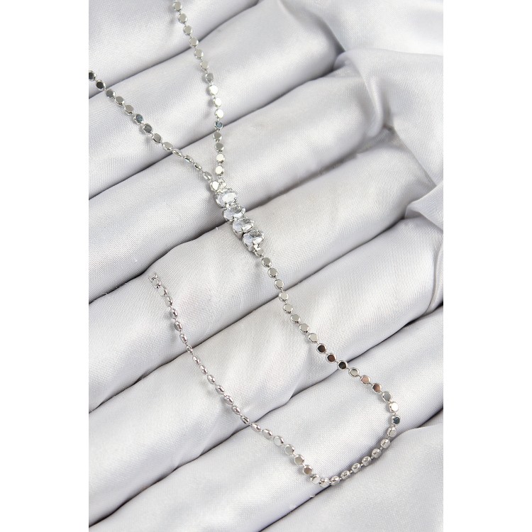 Pirinç Zirkon Taşlı Ezme Zincirli Model Gümüş Renk Y Kolye - TJ-BKO10464