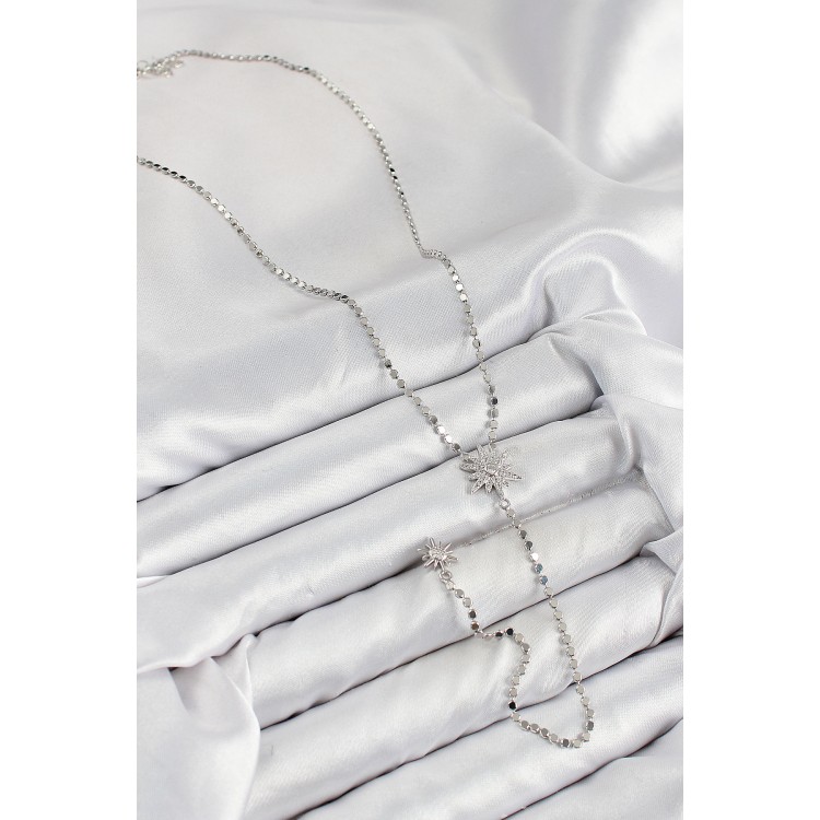 Pirinç Zirkon Taşlı Ezme Zincirli Kutup Yıldızı Model Gümüş Renk Y Kolye - TJ-BKO10468