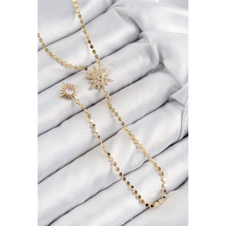 Pirinç Zirkon Taşlı Ezme Zincirli Kutup Yıldızı Model Gold Renk Y Kolye - TJ-BKO10469