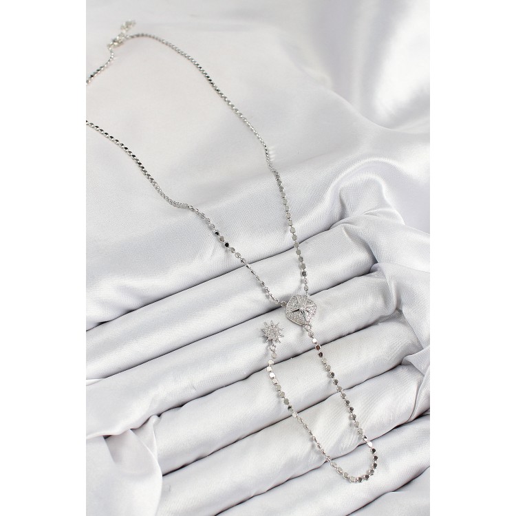 Pirinç Zirkon Taşlı Ezme Zincirli Madalyon Model Gümüş Renk Y Kolye - TJ-BKO10470