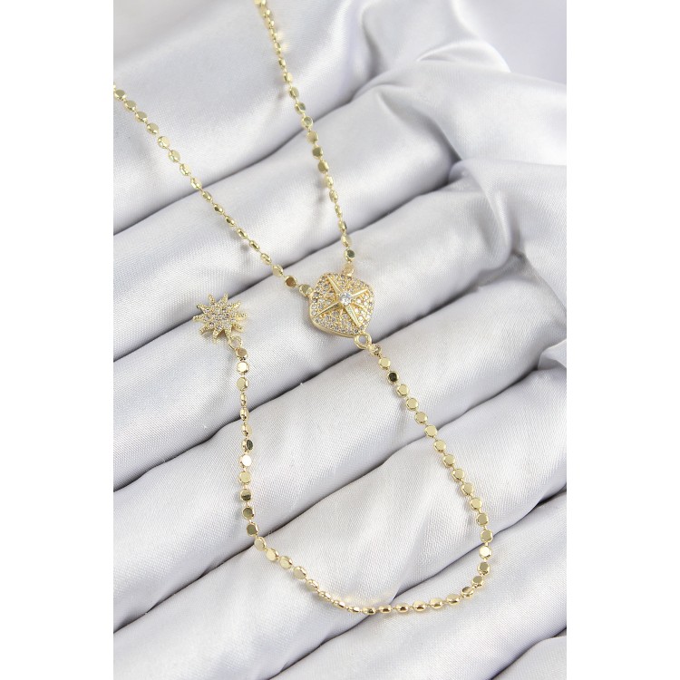 Pirinç Zirkon Taşlı Ezme Zincirli Madalyon Model Gold Renk Y Kolye - TJ-BKO10471