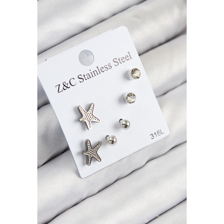 316L Çelik Zirkon Taşlı Deniz Yıldızı Model Gümüş Renk Kadın Set Küpe - TJ-BKP11119