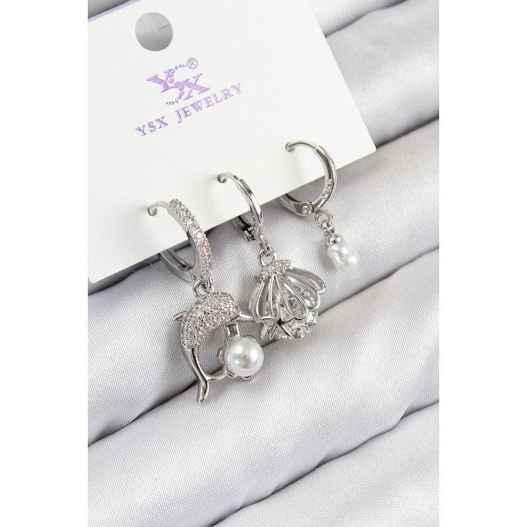 Rice Zircon Stone 3-Piece Dolphin and Oyster Design Silver-Colored Women's Earrings - TJ-BKP11127