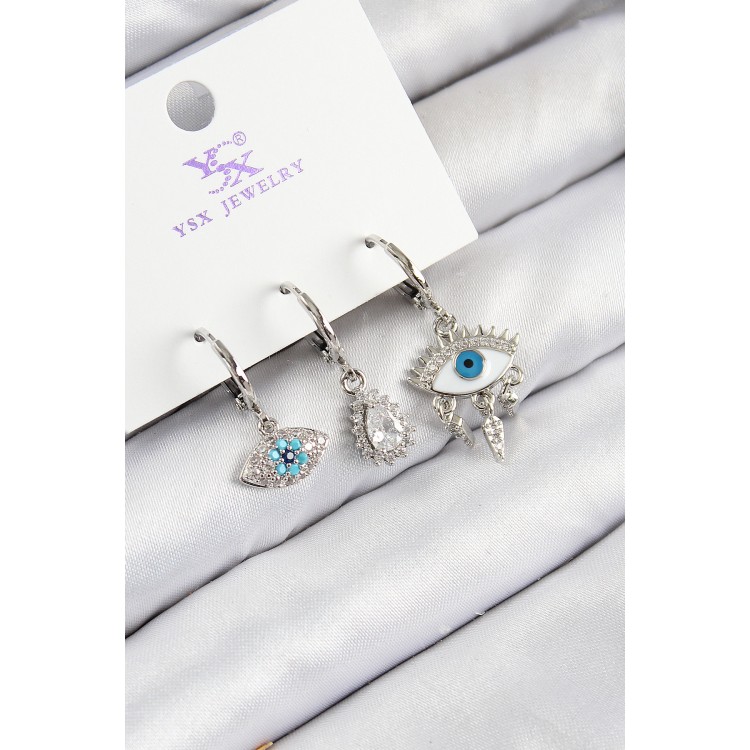 3-Piece Fatma's Eye Model Silver-Colored Women's Earrings with Zircon Stones - TJ-BKP11130