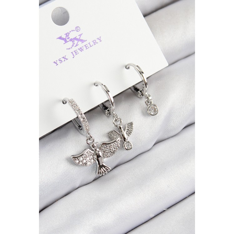 3-Piece Bird Design Silver-Colored Women's Earrings with Zircon Stones - TJ-BKP11132