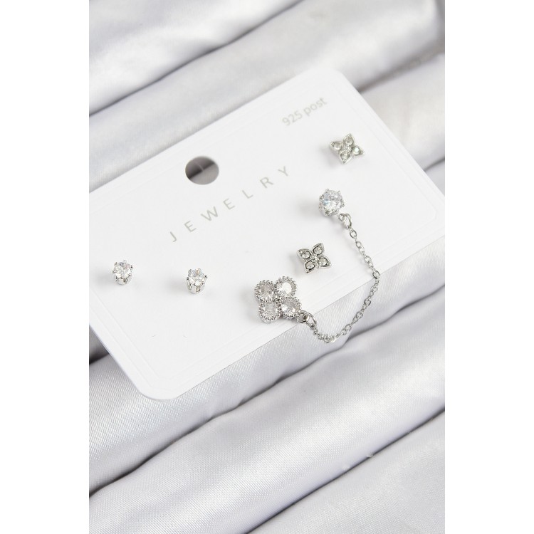 Pirinç Zirkon Taşlı Yonca Model Gümüş Renk 925 Ayar Gümüş Çivi Kadın Küpe Set - TJ-BKP11157