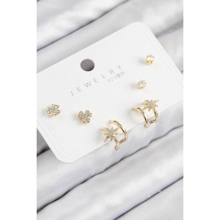 Pirinç Zirkon Taşlı Kutup Yıldızı Model Gold Renk 925 Ayar Gümüş Çivi Kadın Küpe Set - TJ-BKP11168