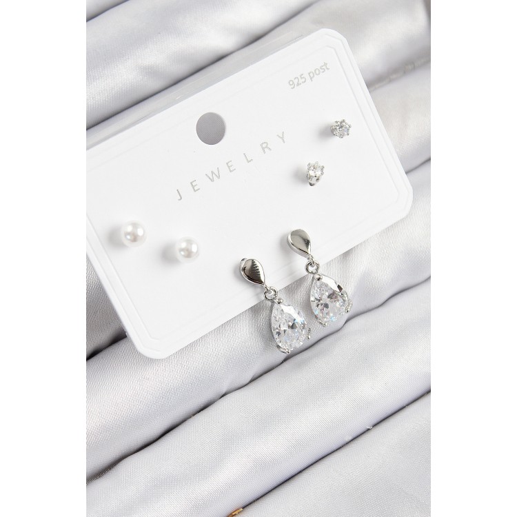 Pirinç Zirkon Taşlı Sallantılı Damla Model Gümüş Renk 925 Ayar Gümüş Çivi Kadın Küpe Set - TJ-BKP11171